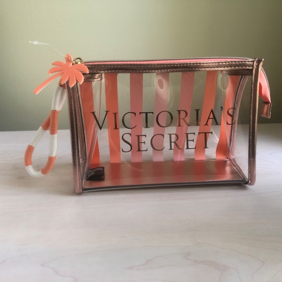 New Victoria’s Secret Orange and Ombré Gold Tote & Sunset Striped Wristlet - Picture 3 of 7